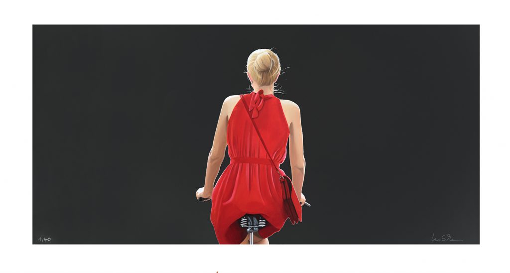 Sabine Liebchen o.T. Fahrradfahrerin im rotem Kleid, schwarz