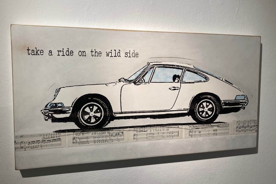 Großes Holzbild des Künstlers Jan M. Petersen. Ein Unikat. Verwendung des Pop-Motivs Porsche in Verbindung mit dem bekannten amerikanischen Song von Lou Reed "Take a ride on the wild side". TAKE A RIDE 911.