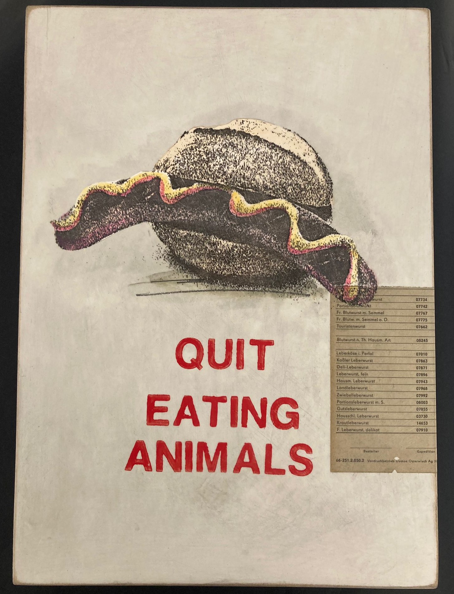Große Holzarbeit, Unikat, vom Künstler Jan M. Petersen. QUIT EATING ANIMALS