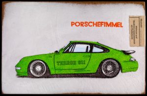 Porschefimmel: terror 911 may-green. Holzbild vom Künstler Jan M. Petersen
