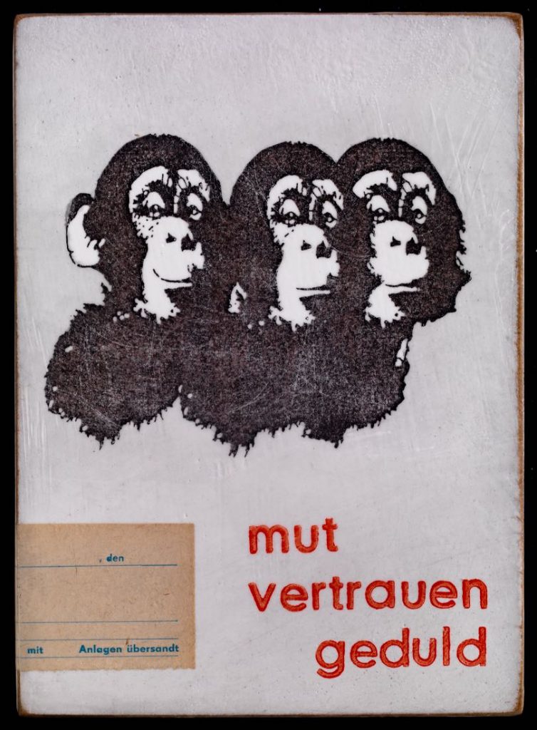Holzbild vom Künstler Jan M. Petersen: mut vertrauen geduld