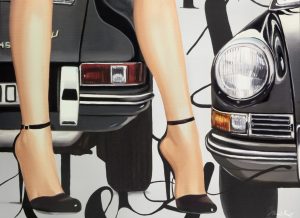 Heiner Meyer - Parking Lot. Porsche Motiv,Preis inkl. Rahmen (Silver) mit entspiegeltes und UV-Schutz Glas Siebdruck mit Lack auf Mirror-Papier