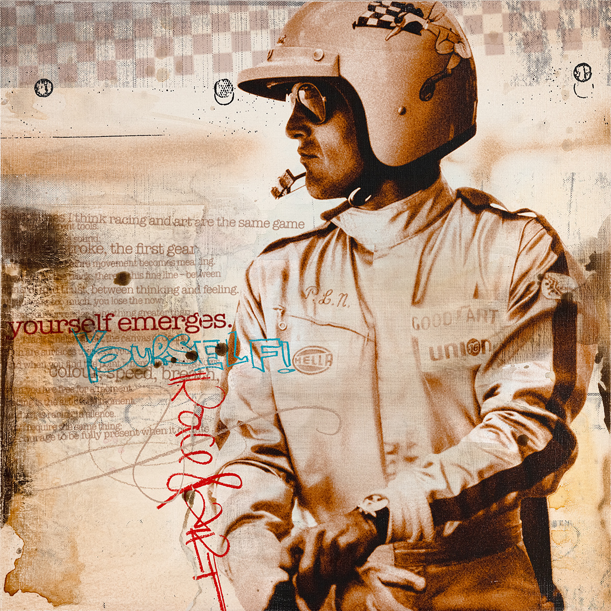 Wenn nach einigen Jahren eine neue Serie die vorherige ablöst, verändern sich Technik, Motivwelt und Ästhetik bewusst und deutlich, um mit neuen Ausdrucksmöglichkeiten neue kreative Wege gehen zu können... Gleichzeitig knüpfen neue Arbeiten aber auch immer an das bestehende Gesamtwerk an. Der rote Faden zeigt sich hier mit dem Rückgriff auf die Collagen, in den farbigen Lasuren, der Patina sowie im Handlettering. Vertraute Techniken des Artisten, jedoch subtiler und feiner eingesetzt als bisher.