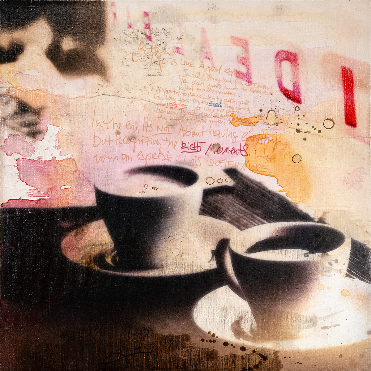 Wenn nach einigen Jahren eine neue Serie die vorherige ablöst, verändern sich Technik, Motivwelt und Ästhetik bewusst und deutlich, um mit neuen Ausdrucksmöglichkeiten neue kreative Wege gehen zu können... Gleichzeitig knüpfen neue Arbeiten aber auch immer an das bestehende Gesamtwerk an. Der rote Faden zeigt sich hier mit dem Rückgriff auf die Collagen, in den farbigen Lasuren, der Patina sowie im Handlettering. Vertraute Techniken des Artisten, jedoch subtiler und feiner eingesetzt als bisher.