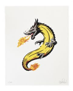 40 Jahren Bananensprayer: Die Grafik Editionen zur Niederrheintour 2026. Pigmentdruck auf Hahnemühle Büttenpapier. Motiv: Drachenbanane Künstler: Thomas Baumgärtel
