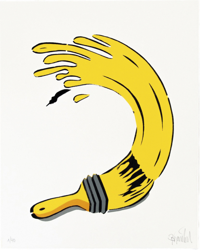 40 Jahren Bananensprayer: Die Grafik Editionen zur Niederrheintour 2026. Siebdruck auf Hahnemühle Büttenpapier. Motiv: Pinselbanane Künstler: Thomas Baumgärtel