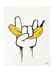 40 Jahren Bananensprayer: Die Grafik Editionen zur Niederrheintour 2026. Siebdruck auf Hahnemühle Büttenpapier. Motiv: Rock it! Künstler: Thomas Baumgärtel