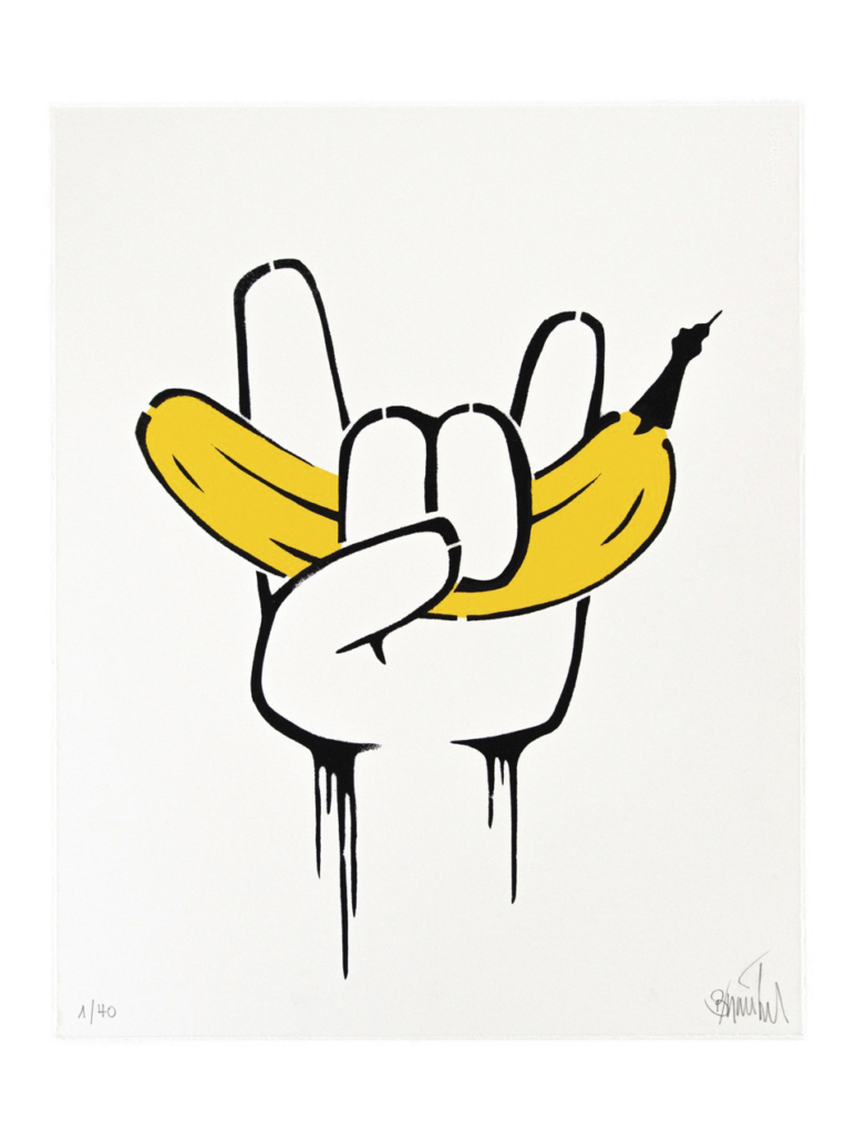 40 Jahren Bananensprayer: Die Grafik Editionen zur Niederrheintour 2026. Siebdruck auf Hahnemühle Büttenpapier. Motiv: Rock it! Künstler: Thomas Baumgärtel