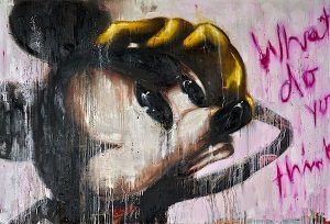 "What do you think" zeigt Micky Mouse als einen Einfluss von ikonischer Pop-Kultur Motive auf der Kunst von Jörg Döring. Als Ölgemälde auf Leinwand in den Maßen: 250 x 170 cm Ein Unikat und Handsigniert