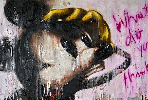 "What do you think" zeigt Micky Mouse als einen Einfluss von ikonischer Pop-Kultur Motive auf der Kunst von Jörg Döring. Als Ölgemälde auf Leinwand in den Maßen: 250 x 170 cm Ein Unikat und Handsigniert