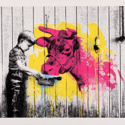 Siebdruck vom Künstler Mr. Brainwash. Junge mit Kuh, pink und gelb.