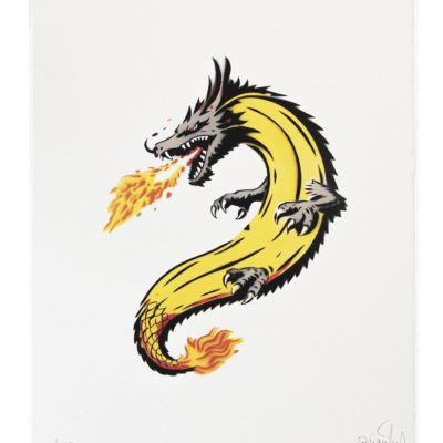 40 Jahren Bananensprayer: Die Grafik Editionen zur Niederrheintour 2026. Pigmentdruck auf Hahnemühle Büttenpapier. Motiv: Drachenbanane Künstler: Thomas Baumgärtel