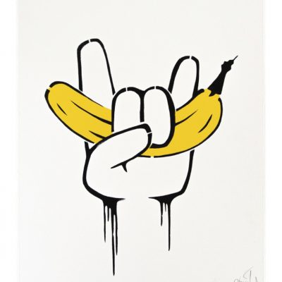 40 Jahren Bananensprayer: Die Grafik Editionen zur Niederrheintour 2026. Siebdruck auf Hahnemühle Büttenpapier. Motiv: Rock it! Künstler: Thomas Baumgärtel
